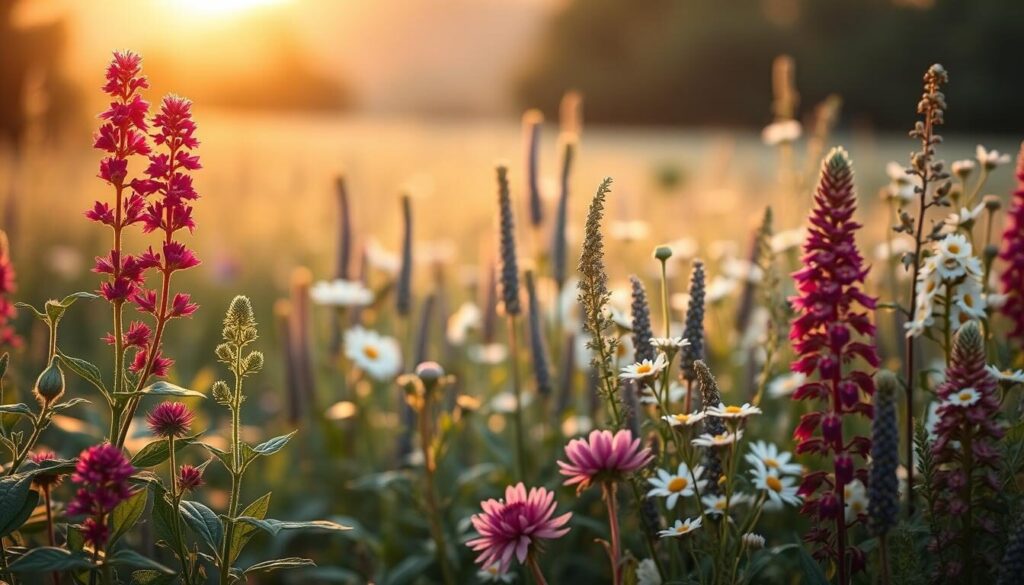 A lush, botanical scene depicting a variety of plants useful for menopausal symptoms. In the foreground, vibrant red clover, maca root, and black cohosh plants stand tall, their leaves and flowers gently swaying. In the middle ground, soothing chamomile, sage, and evening primrose plants intermingle, their delicate blooms and foliage creating a tranquil atmosphere. The background features a soft, out-of-focus landscape, with the setting sun casting a warm, golden glow over the scene. The lighting is soft and diffused, emphasizing the natural beauty of the plants. The overall mood is one of calm, comfort, and healing, conveying the restorative power of these botanical allies for menopausal wellbeing. A lush, botanical scene depicting a variety of plants useful for menopausal symptoms. In the foreground, vibrant red clover, maca root, and black cohosh plants stand tall, their leaves and flowers gently swaying. In the middle ground, soothing chamomile, sage, and evening primrose plants intermingle, their delicate blooms and foliage creating a tranquil atmosphere. The background features a soft, out-of-focus landscape, with the setting sun casting a warm, golden glow over the scene. The lighting is soft and diffused, emphasizing the natural beauty of the plants. The overall mood is one of calm, comfort, and healing, conveying the restorative power of these botanical allies for menopausal wellbeing.
