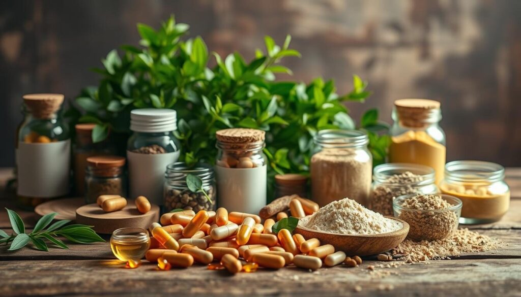 A carefully curated selection of natural health supplements, artfully arranged on a rustic wooden surface. In the foreground, various capsules, tablets, and powders in earthy tones are elegantly displayed, conveying a sense of purity and efficacy. The middle ground features lush, vibrant greenery, representing the natural origins of these wellness-enhancing ingredients. Soft, warm lighting casts a soothing glow, evoking a tranquil, spa-like atmosphere. The overall composition exudes a sense of balance, harmony, and a commitment to holistic well-being, perfectly embodying the concept of "compléments alimentaires bien-être". A carefully curated selection of natural health supplements, artfully arranged on a rustic wooden surface. In the foreground, various capsules, tablets, and powders in earthy tones are elegantly displayed, conveying a sense of purity and efficacy. The middle ground features lush, vibrant greenery, representing the natural origins of these wellness-enhancing ingredients. Soft, warm lighting casts a soothing glow, evoking a tranquil, spa-like atmosphere. The overall composition exudes a sense of balance, harmony, and a commitment to holistic well-being, perfectly embodying the concept of "compléments alimentaires bien-être".