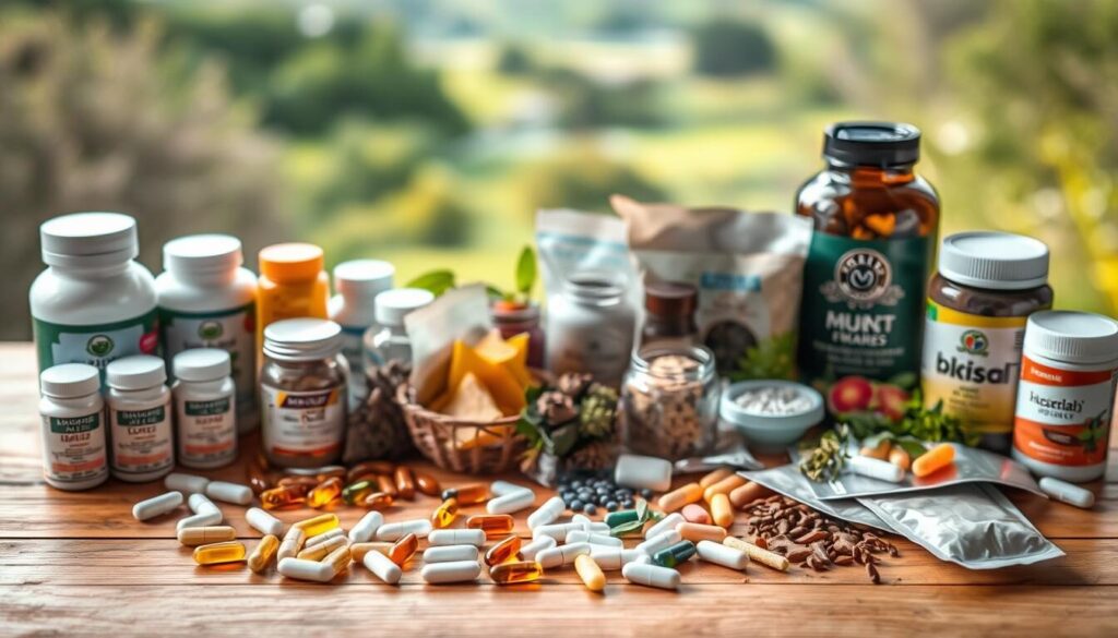 A table of various dietary supplements arranged on a wooden surface, with a warm, natural lighting. In the foreground, capsules, tablets, and powder packets are carefully displayed, while in the middle ground, different types of herbal ingredients and superfoods are showcased. The background features a blurred, soothing landscape, evoking a sense of wellness and balance. The image conveys a professional, informative, and appealing representation of dietary supplements that aligns with the article's focus on natural solutions for well-being. A table of various dietary supplements arranged on a wooden surface, with a warm, natural lighting. In the foreground, capsules, tablets, and powder packets are carefully displayed, while in the middle ground, different types of herbal ingredients and superfoods are showcased. The background features a blurred, soothing landscape, evoking a sense of wellness and balance. The image conveys a professional, informative, and appealing representation of dietary supplements that aligns with the article's focus on natural solutions for well-being.