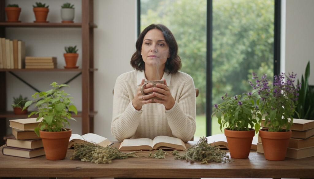 Plantes adaptogènes contre la fatigue surrénales Femme active face à la fatigue surrénales — plantes adaptogènes pour gérer le stress chronique