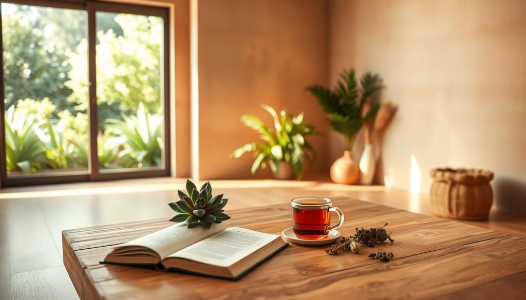 A serene, minimalist interior with warm, natural lighting. In the foreground, a wooden table holds an arrangement of wellness items: a succulent plant, a book, a cup of tea, and a few dried herbs. The middle ground features a large window overlooking a lush, green garden. The background is a neutral, earthy-toned wall, creating a calming, spa-like atmosphere. The overall composition radiates a sense of routine, balance, and self-care, perfectly capturing the essence of "Les bases d'une ménopause routine bien-être".