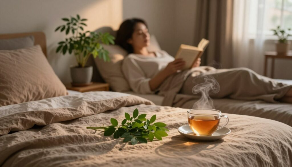 A serene bedroom scene illuminated by soft, warm lighting, evoking a tranquil atmosphere. In the foreground, a neatly made bed adorned with a calming, earthy-toned blanket and several pillows. Resting on the bedside table are fresh moringa leaves and a steaming cup of herbal tea, symbolizing the calming benefits of moringa for sleep. In the middle ground, a subtle depiction of a person in modest, relaxed clothing, deeply engrossed in a book about natural remedies for sleep, surrounded by potted moringa plants. The background fades into gentle shadows, with soft curtains filtering in moonlight, enhancing the peaceful ambiance. The angle captures both the coziness and the inviting nature of the space, creating a mood of relaxation and well-being, perfect for illustrating the topic of sleep enhancement.
