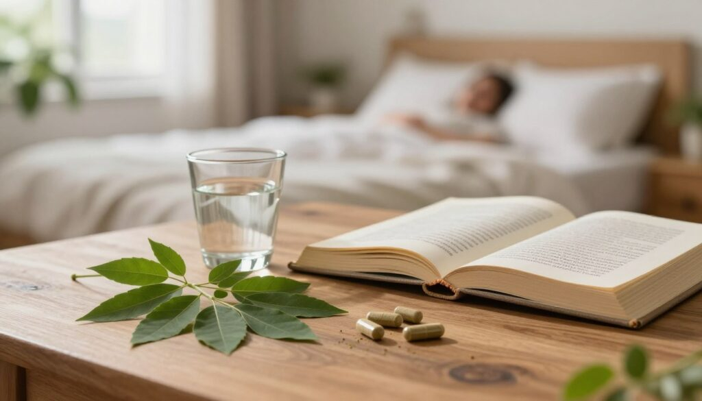 A serene herbal setting depicting moringa leaves and supplements on a wooden table, emphasized in the foreground. Surrounding them, a softly lit ambiance evokes tranquility, with a gentle background of a softly blurred bedroom scene that hints at relaxation and sleep. A small glass of water next to the moringa leaves represents dosage, while an elegant herbal book lies open, showcasing detailed notes about insomnie on its pages. Natural light filters through a window, creating a warm and calming atmosphere, with plants gently swaying nearby. The overall mood should convey a sense of peace and wellness, ideal for promoting restful sleep with moringa, captured in a soft focus lens effect that enhances the soothing vibe.