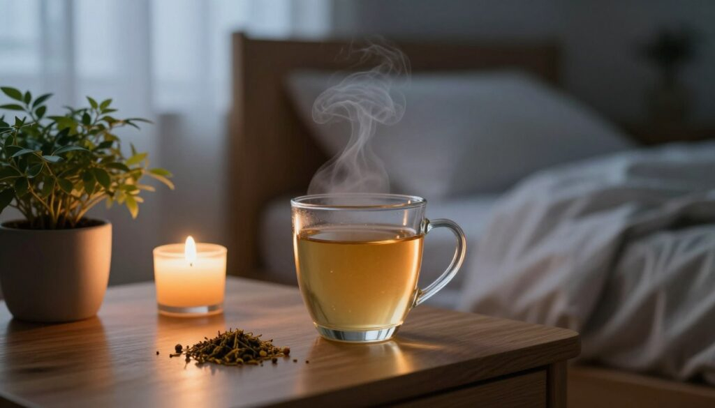 A serene nighttime scene depicting a glass of moringa tea placed on a wooden bedside table, surrounded by calming elements like a softly glowing candle and a gentle potted plant. In the background, a cozy bedroom setting with dim lighting, featuring a neatly made bed with soft linens, conveys a sense of tranquility. The soft morning light is just beginning to filter through sheer curtains, hinting at the transition from night to day. The composition emphasizes relaxation and wellness, with steam gently rising from the tea, creating an inviting atmosphere. The overall mood is peaceful and soothing, ideal for illustrating the benefits of moringa for sleep.