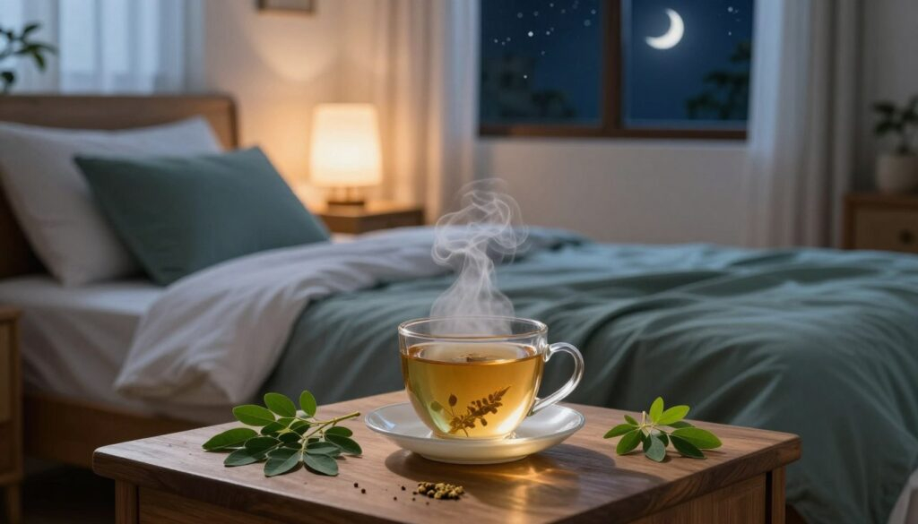 A tranquil nighttime scene showcasing a cozy bedroom. In the foreground, a wooden bedside table holds a steaming cup of moringa tea, surrounded by fresh and dried moringa leaves. In the middle ground, a neatly made bed with soft linens invites relaxation, accented by calming blue and green pillows. A gentle night lamp illuminates the scene, casting warm, soothing light. The background features a window with sheer curtains, allowing a glimpse of a starry sky and a crescent moon. The atmosphere conveys peace and serenity, suggesting a perfect environment for sleep. The overall composition emphasizes the connection between moringa and better sleep, creating a restful and inviting mood.